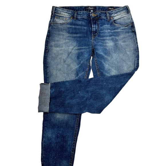 Silver Jeans Mid-Rise Girlfriend Jeans with Destruction (31/27) - Picture 1 of 14
